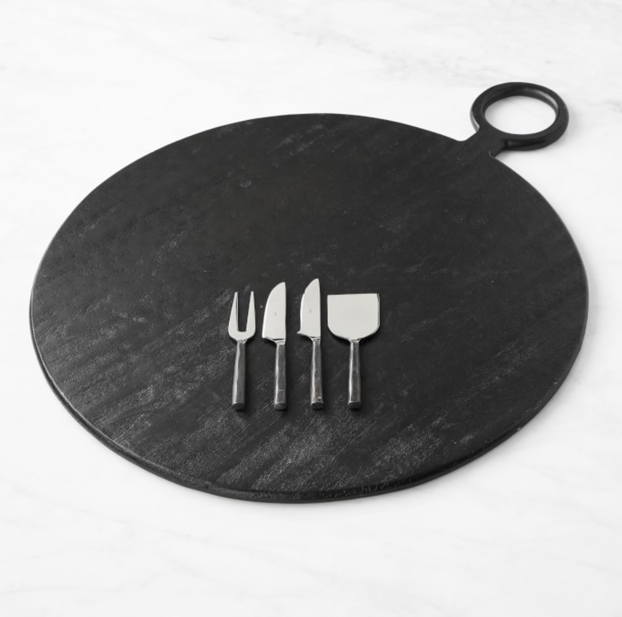 Black Wood Round Cheese Board with Cheese Knives