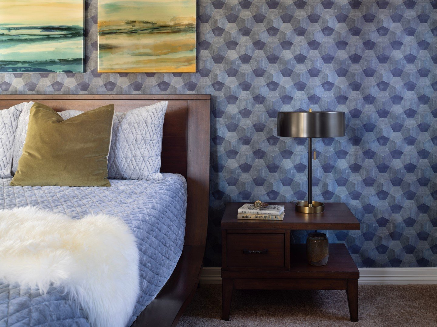 Geometric wallpaper, shades of blue with pops of green, and rich wood create a beautiful bedroom scene at our Lowry Townhome with Cobalt Charisma project 💙

--
interior design: Atelier Interior Design | Denver Interior Designer
project: Lowry Townho