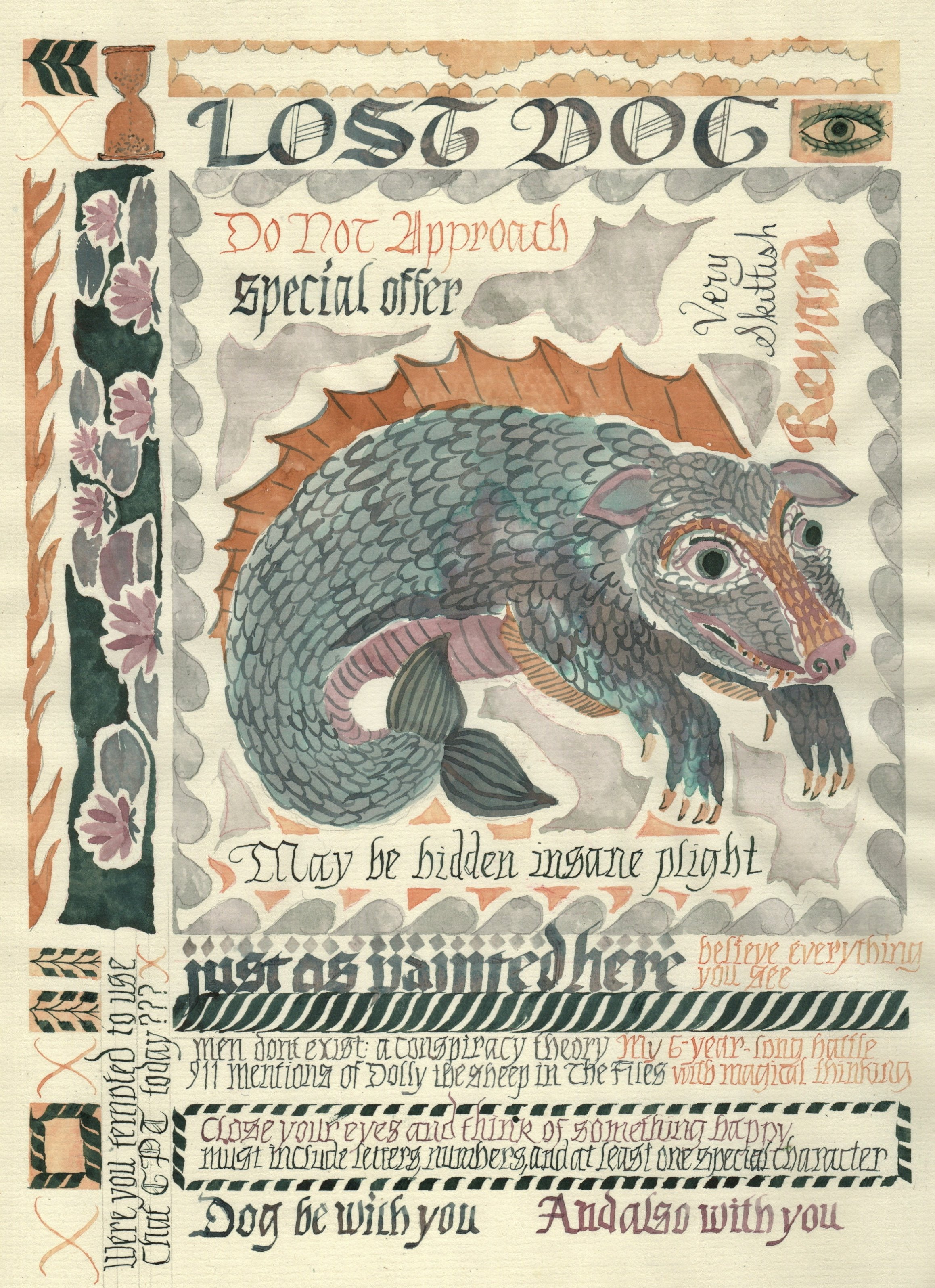 Lost Dog illuminated calligraphic drawing by Sarah La Puerta