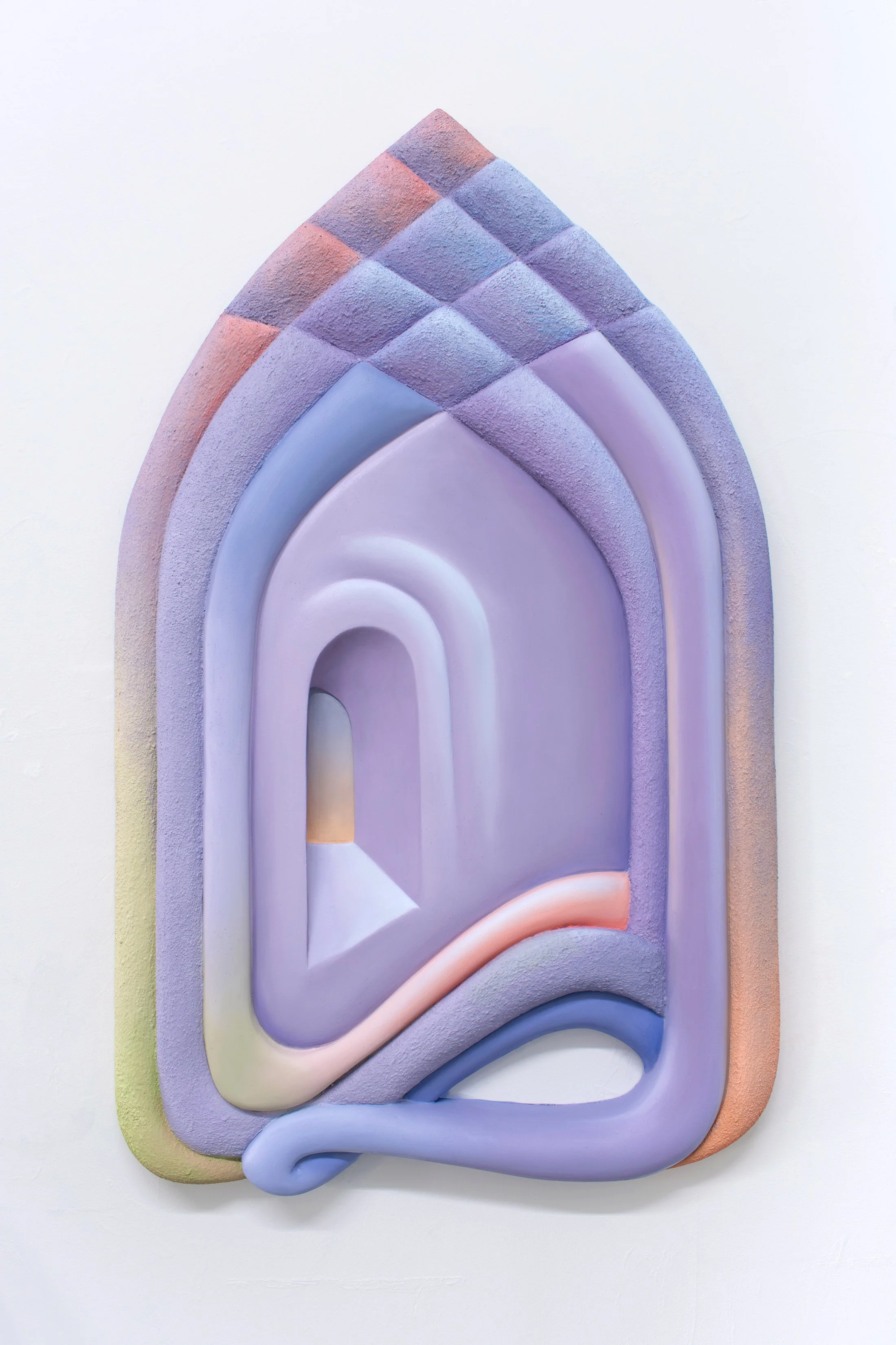 Tracery Window, 2025 oil paint, marble dust on carved panel 38 x 24 x 2 inches