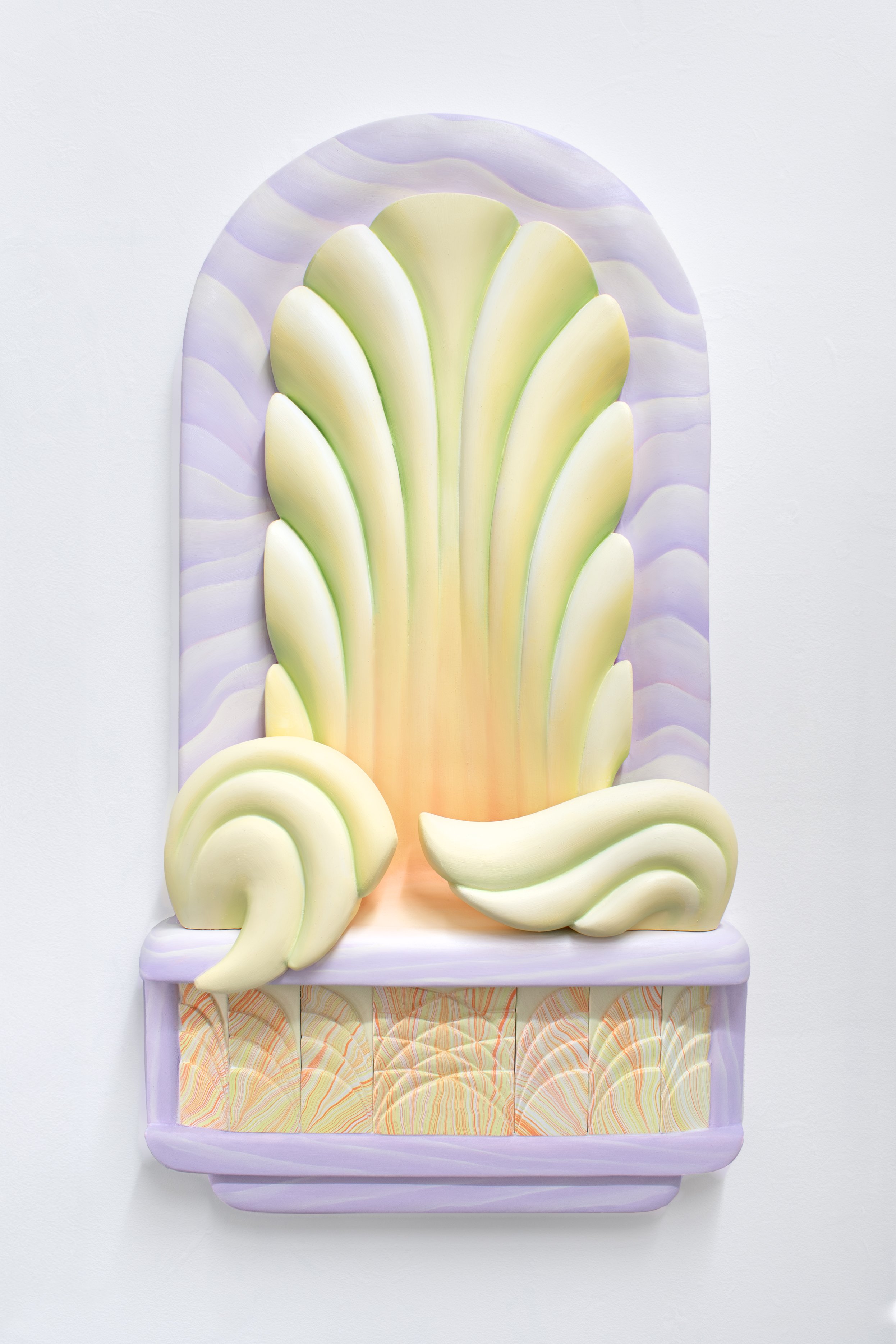 Throne Room Vision, 2025 oil paint, marble dust, hydrocal on carved panel 36 x 20 x 3
