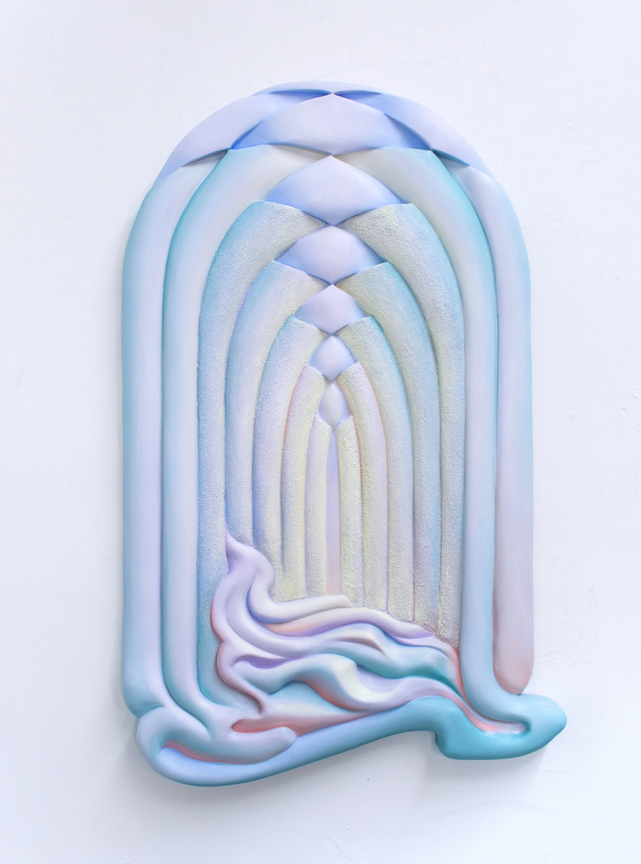 The Weeping Chamber, 2025 oil paint, marble dust on carved panel 38 x 24 x 2 inches