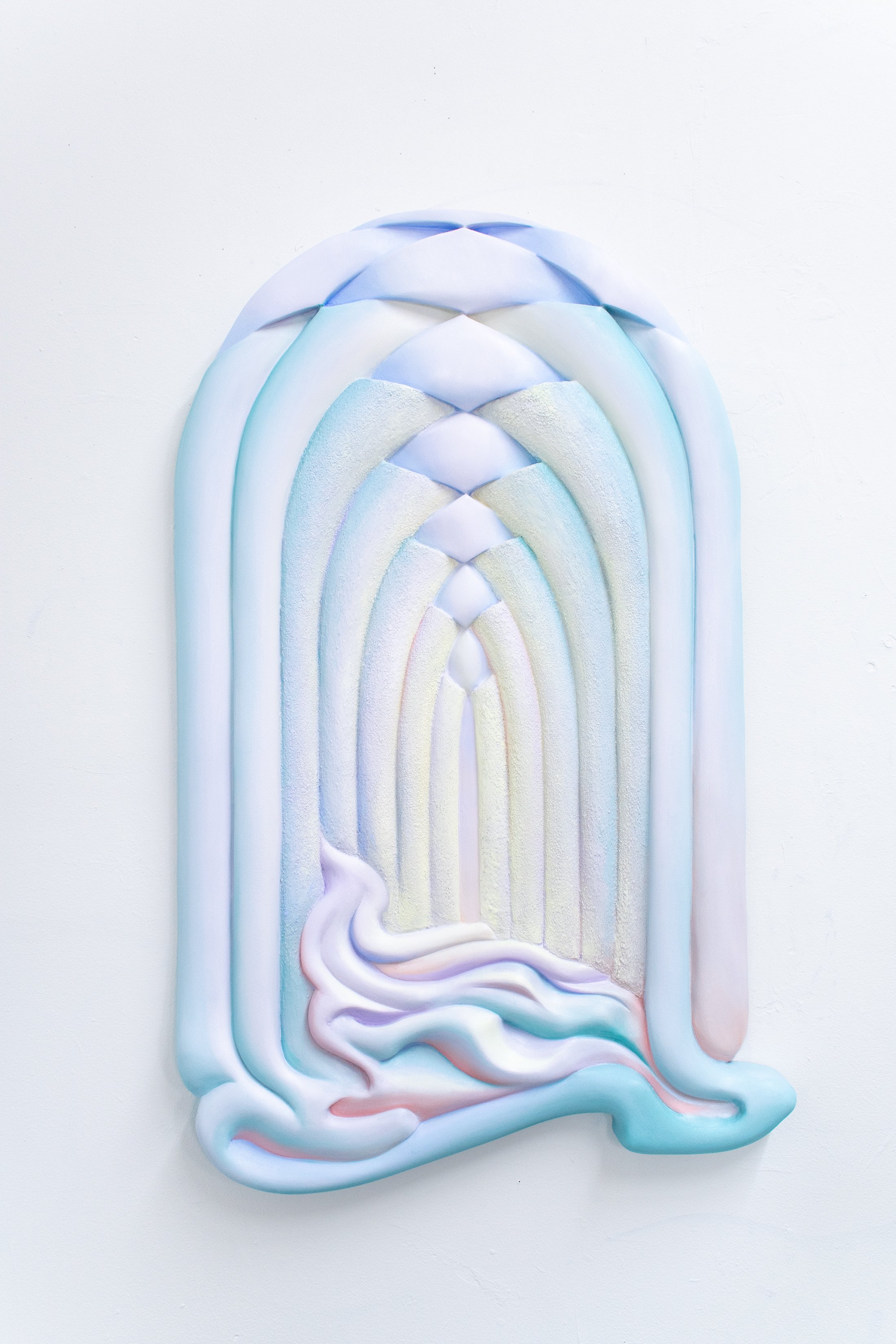 The Weeping Chamber, 2025 
oil paint, marble dust on carved panel 
38 x 24 x 2 inches