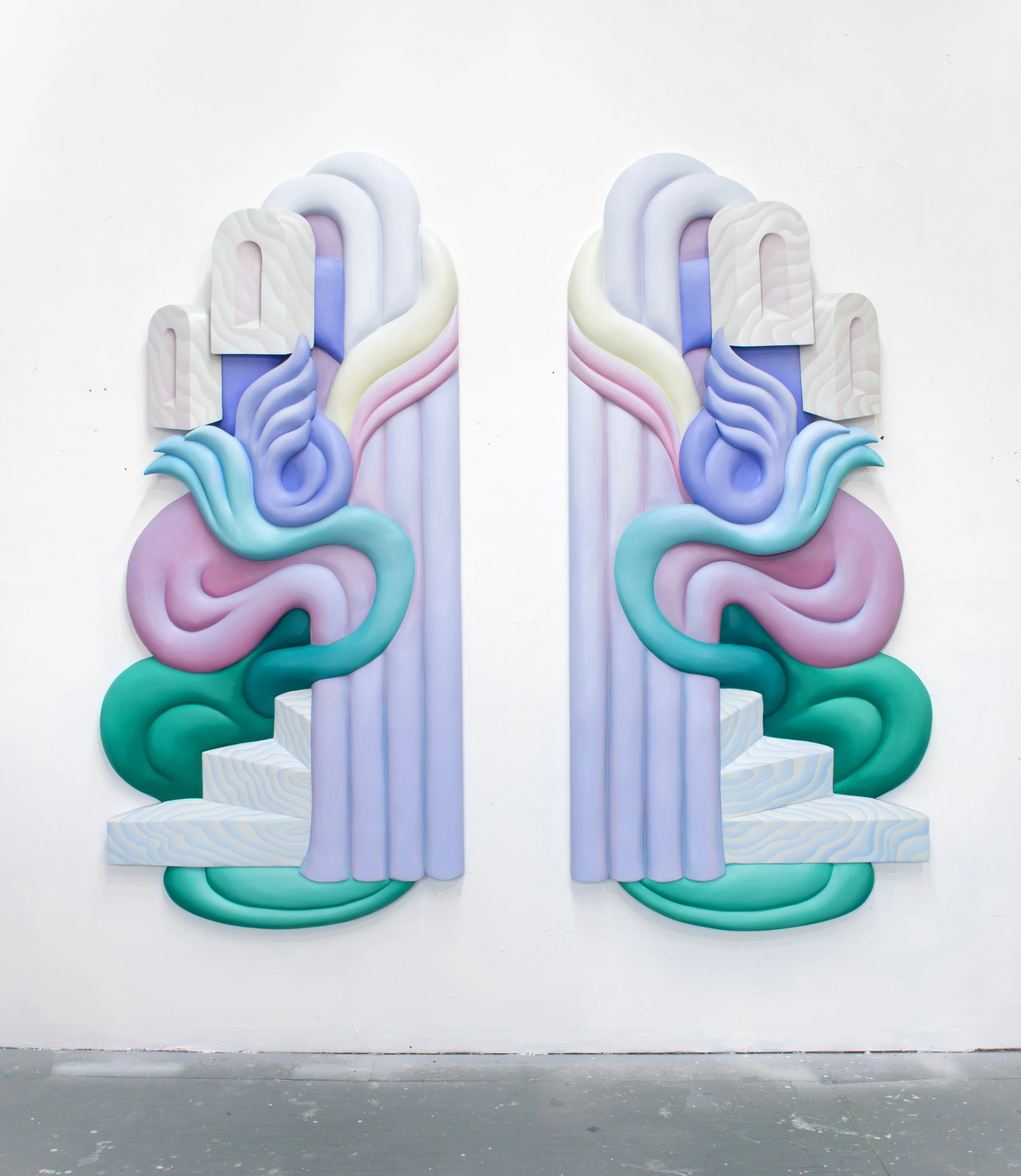 Untitled, 2026 
oil paint, marble dust on carved panel 
72 x 66 x 4 inches