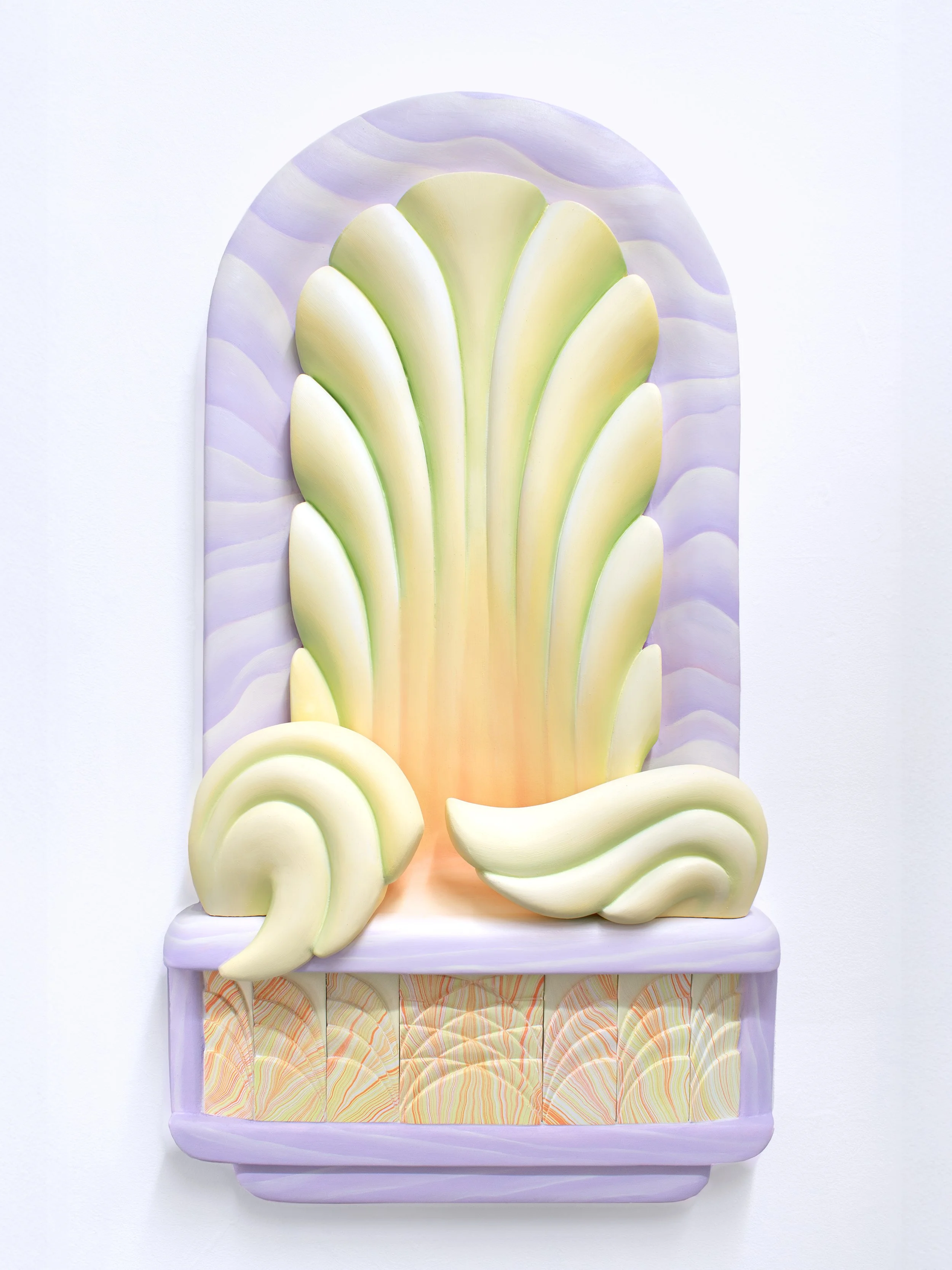 Throne Room Vision, 2025 
oil paint, marble dust, hydrocal on carved panel 
36 x 20 x 3 inches