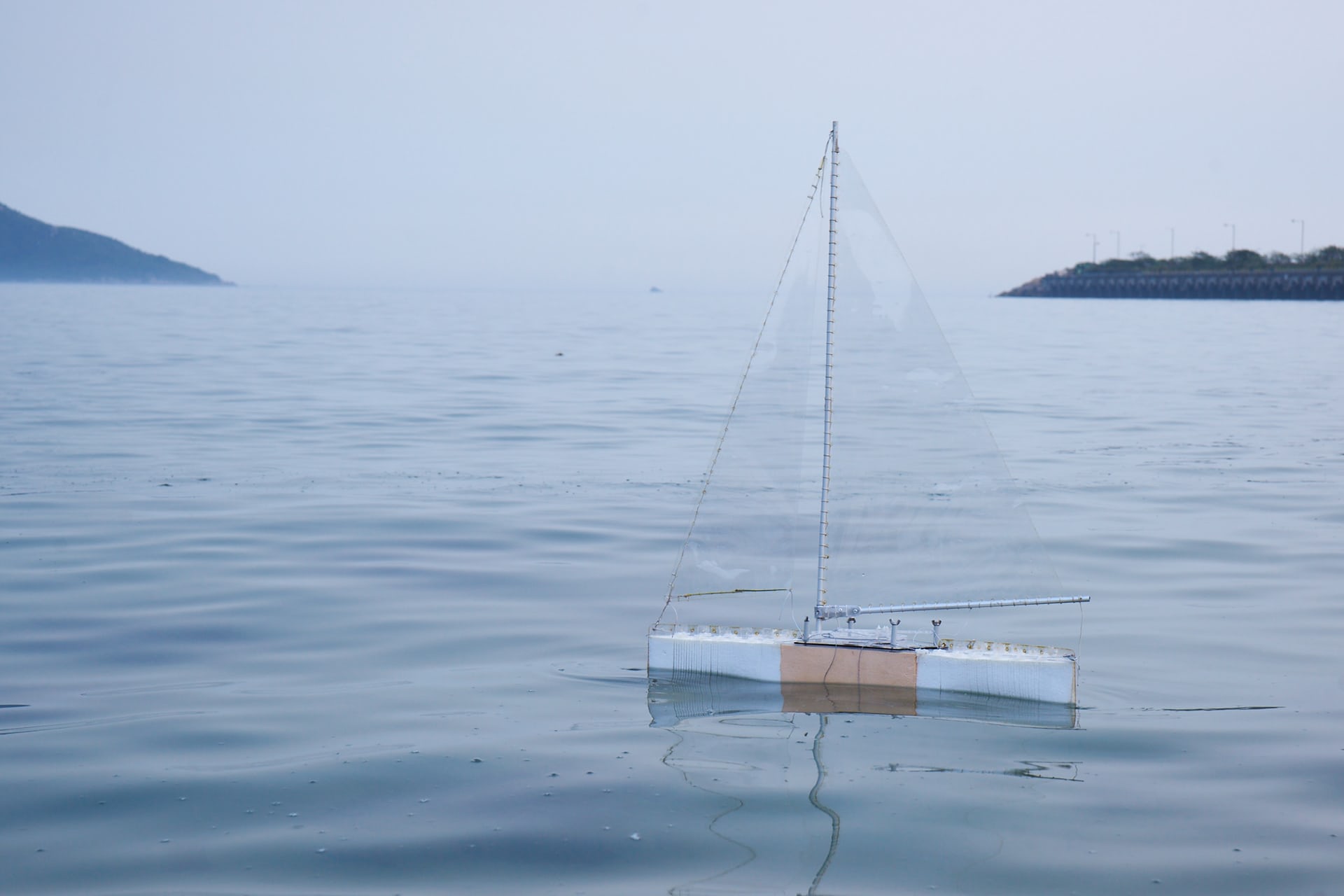  Protei, an autonomous sailing ship that cleans up oil spills, 2014. Photograph: © Scoutbots LTD, Cesar Jung-Harada