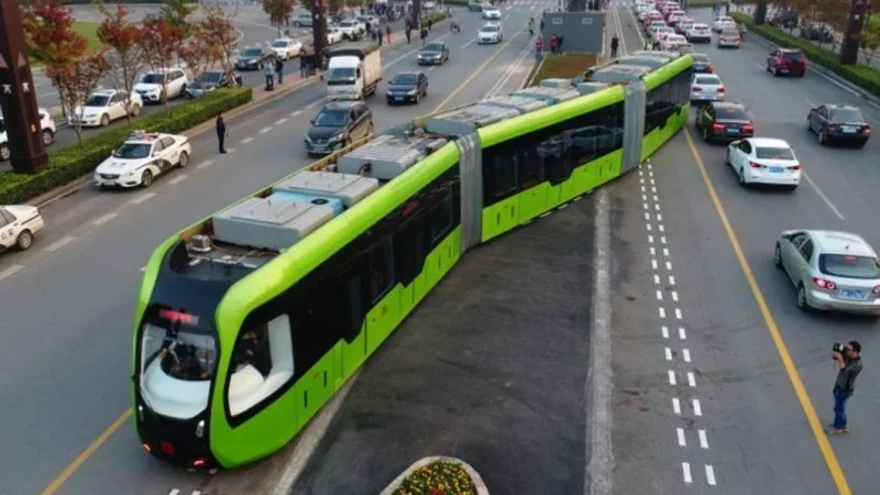 A trial of the tram on the streets of Zhuzhou, Hunan Province.