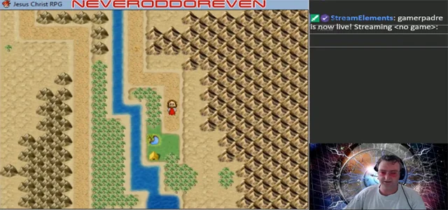 Image: Screenshot of Rev. Will Nicholas (inset) working through the video game Jesus Christ RPG on Twitch.