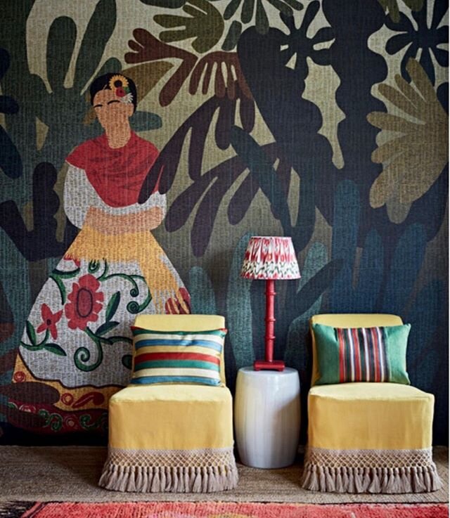 New work for June @homesandgardensuk 📷 @jondayphotography, mural by @elitisfrance from @abbottandboyd, chairs @neptunehomeofficial, fabric @linwood_fabric, cushions @nushkahome, jute fringe @samuelandsons, lamp @julianchich, shade @pookylights, rug 