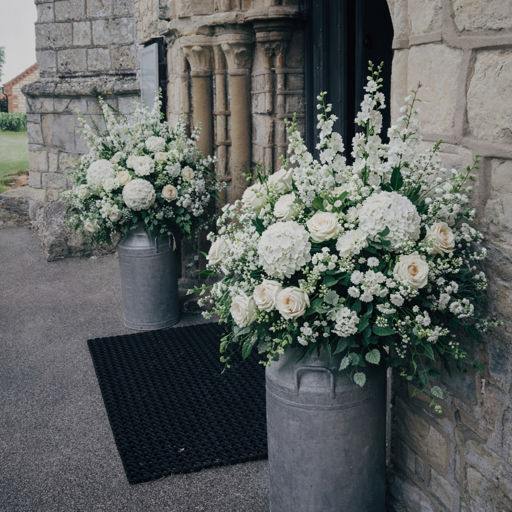 white and green wedding flowers ,milk churns
