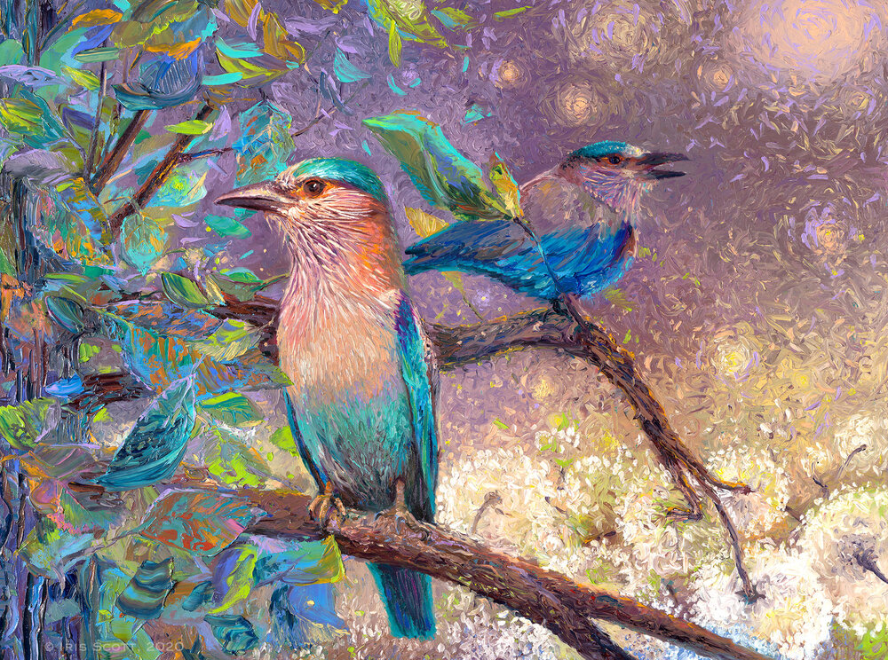 Filo Sofi Arts — Iris Scott Birds Finger Painting for Sale. Iris Scott  Indian Rollers. Finger painted, oil on canvas.