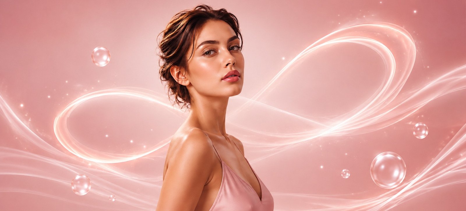 Donna con pelle liscia e capelli corti, sfondo rosa con linee di luce e sfere luminescenti.