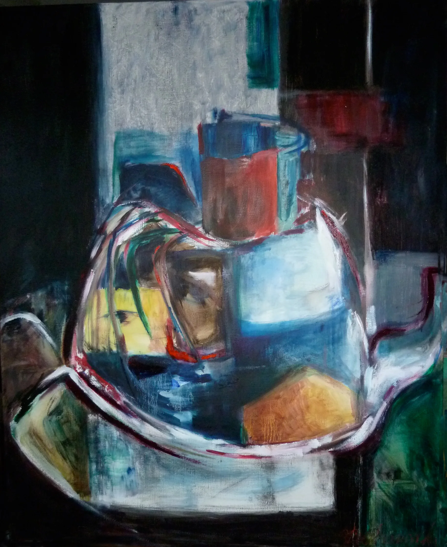 'Kitchen God' - exhibited in Summerhall Gallery, Edinburgh. (artist talk recorded by Summerhall TV). Along my journeys through far away countries and continents, every house, hut, dwelling full of people and hospitality, always had some sort of a vessel for boiling water. Tea, coffee, sweet honey, maybe a cinnamon stick, but always a hot drink, ready to welcome a visitor. So, this is a kettle. The kitchen god. Oil on canvas, 100x76cm