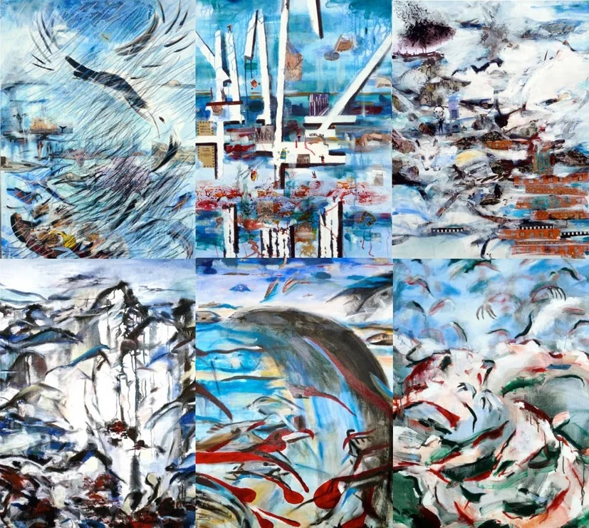 'Svalbard. Climate Change' - oil on canvas, 2x2,50m Honorary Jury Award at Biennale of Paintings in Poland, 2011. After a journey through Svalbard Archipelago, Spitsbergen and hopping off a ship in a small boat to explore the old, abandoned explorers’ boats, glaciers, the Russian station, the Pyramid… The unforgettable light, the midnight sun… Six individual paintings, displayed as one. 'Bird', 'Man: Exploration', 'Polar Fox' 'Polar Bear', 'Whale' 'Kamchatka Crab'