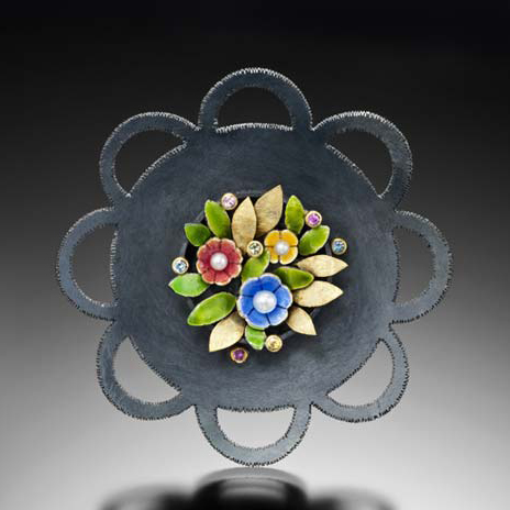  Oxidized sterling silver, fine silver, 18k, vitreous enamel, freshwater pearls, colored sapphires, resin. 