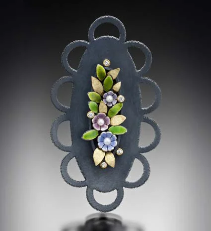 Oxidized sterling silver, fine silver, 18k, vitreous enamel, freshwater pearls, diamonds, resin.