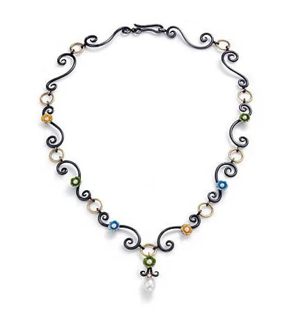 Sterling silver, fine silver, vitreous enamel, fresh water pearls(available in different colors)