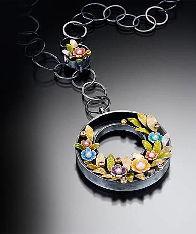 Sterling silver, fine silver, vitreous enamel, fresh water pearls, 18K yellow gold