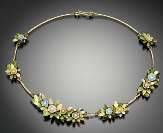18k yellow gold, oxidized sterling silver, fine silver, vitreous enamel, diamonds, fresh water pearls, resin.
