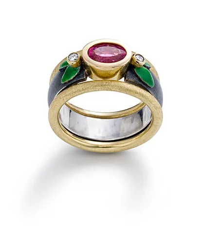 Sterling silver, 18K gold, vitreous enamel, pink tourmaline, diamonds (0.03ct ea)
