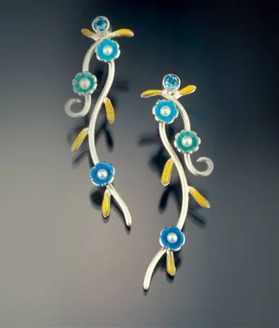 Sterling silver, fine silver, vitreous enamel, fresh water pearls(available in different colors)