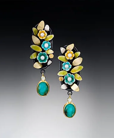 Sterling silver, fine silver, 18K yellow gold, vitreous enamel, fresh water pearls, colored sapphiires, peruvian opals, resin