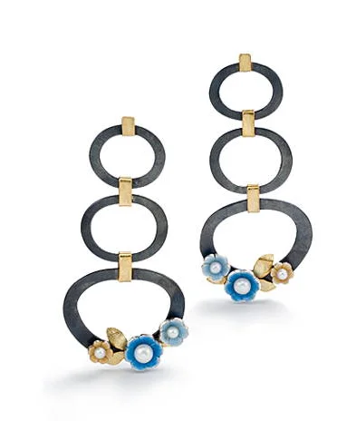 Sterling silver, fine silver, vitreous enamel, fresh water pearls, 18K yellow gold (available in different colors)