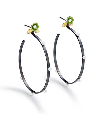 Sterling silver, fine silver, vitreous enamel, fresh water pearls, 18K yellow gold (available in different colors)