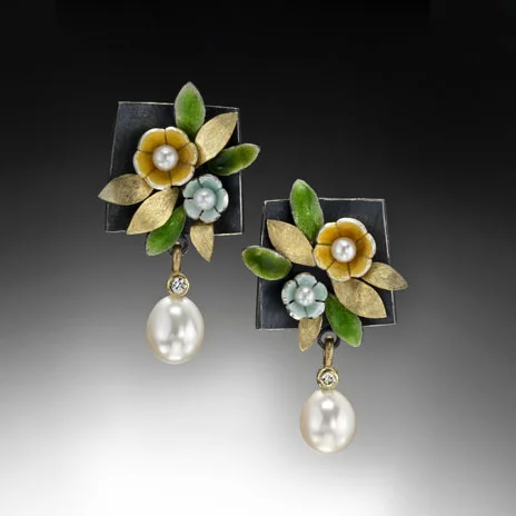 Oxidized sterling silver, 18k, fine silver, vitreous enamel, diamonds (0.03 ct. each), freshwater pearls, resin.