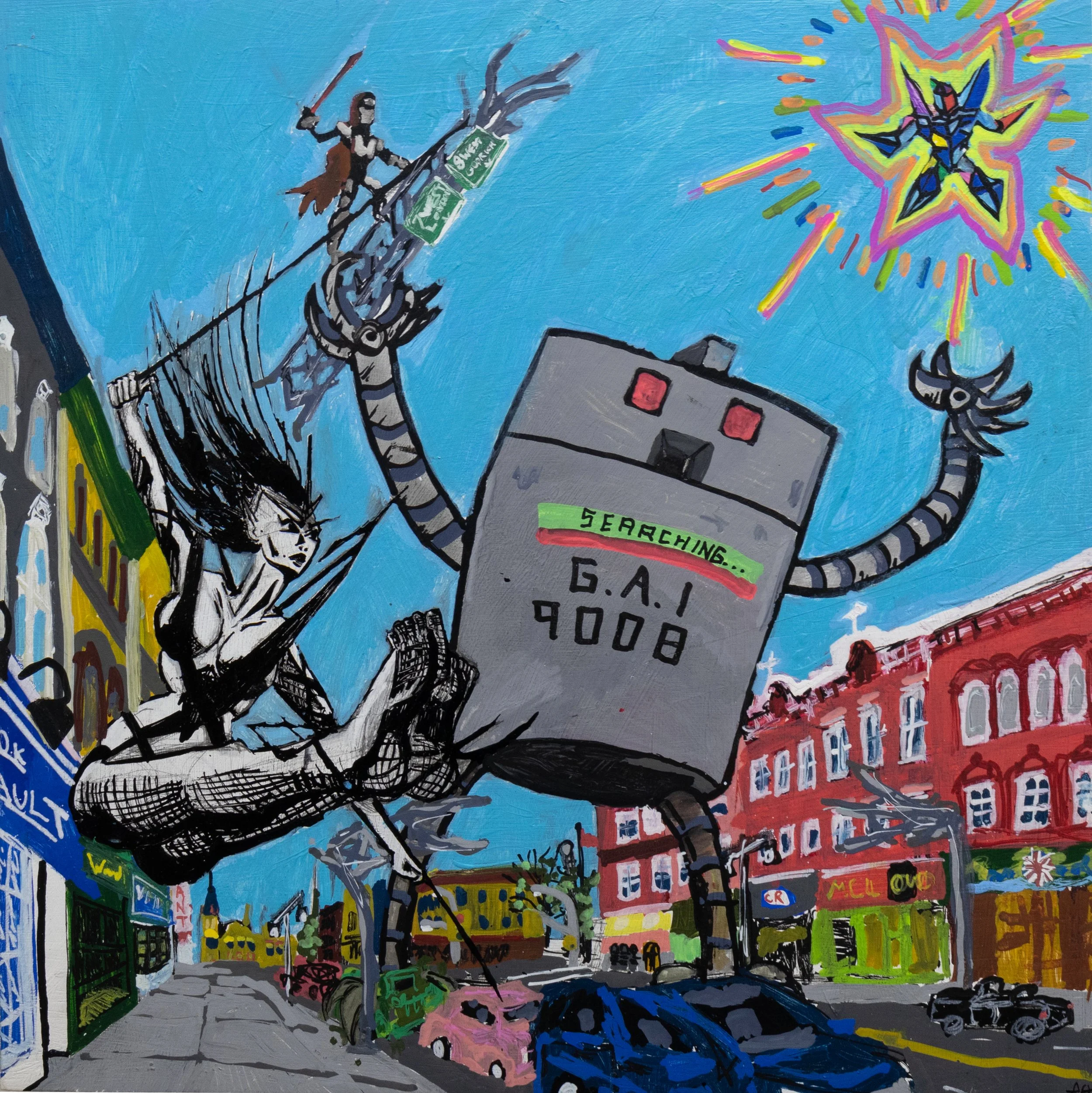  Downtown Defenders  12”x12” mixed media on wood panel  currenlty available as a matilda swanson gallery exclusive. 