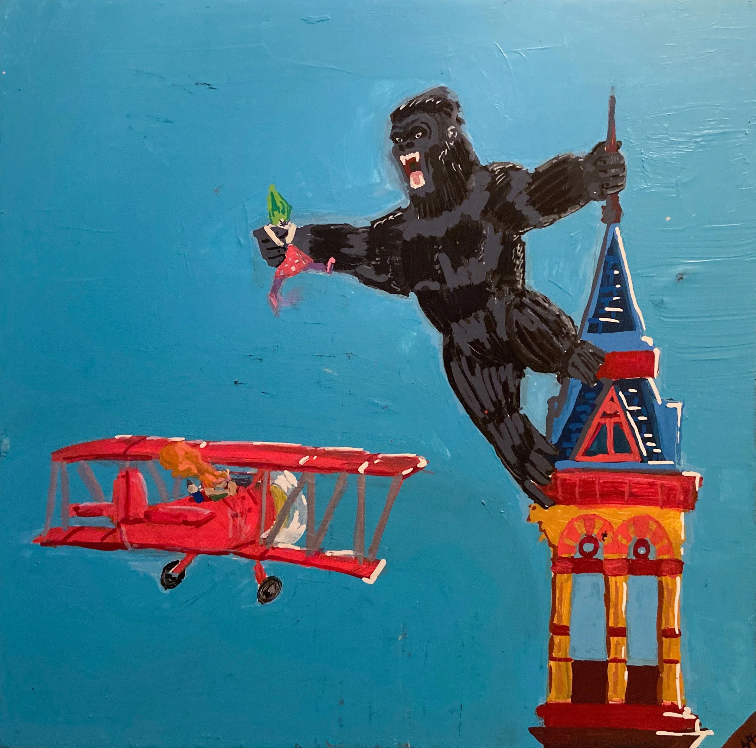  “Things go ape”  12”x12” Mixed media on wood panel  available at matilda swason galleries   https://www.matildaswansongallery.com/adam-vanderheide.html      