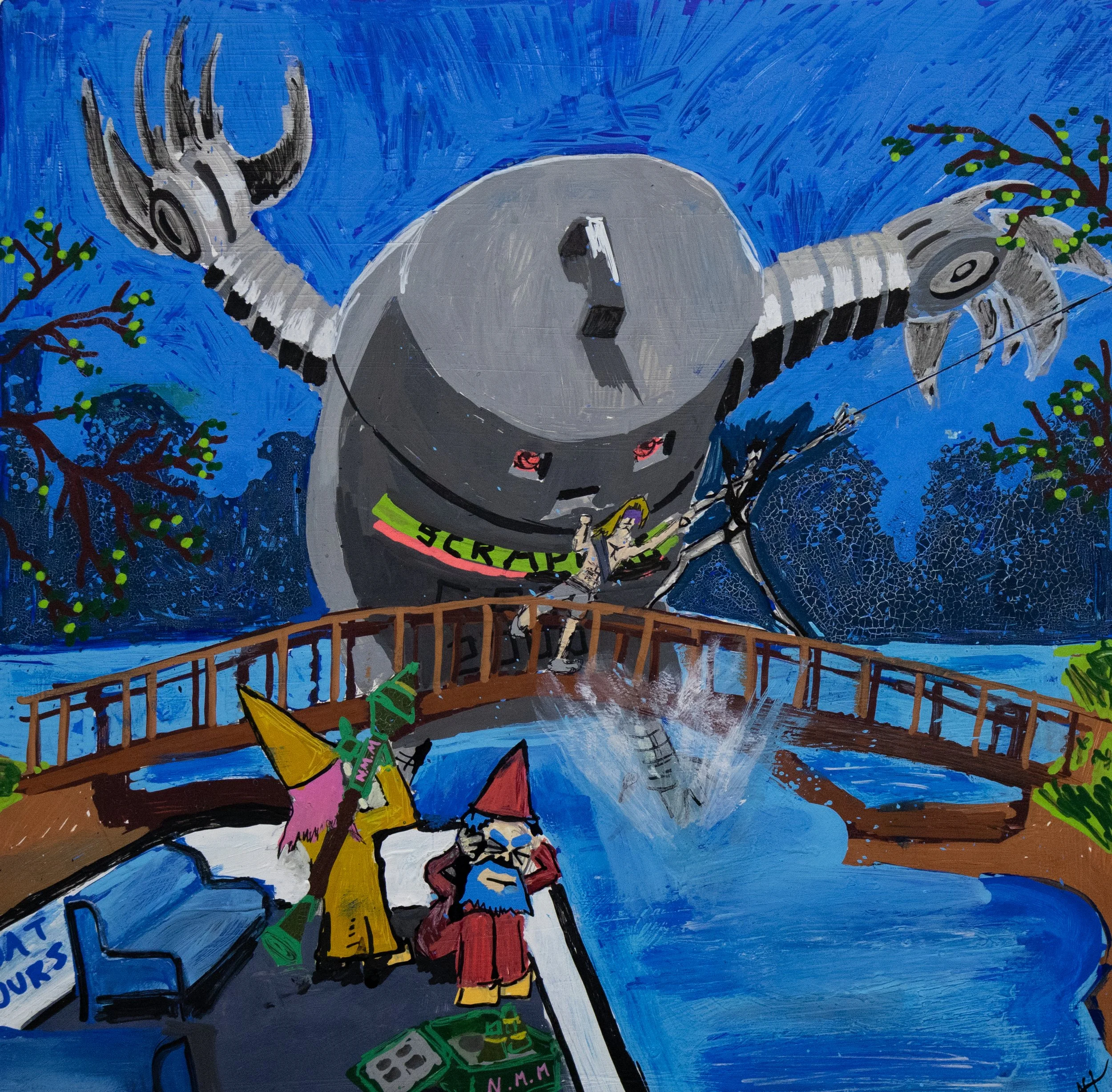  Gnome more!  12”x12”   Mixed media on wood panel  sold in 2025 at Matilda Swanson gallery   https://www.matildaswansongallery.com/adam-vanderheide.html  