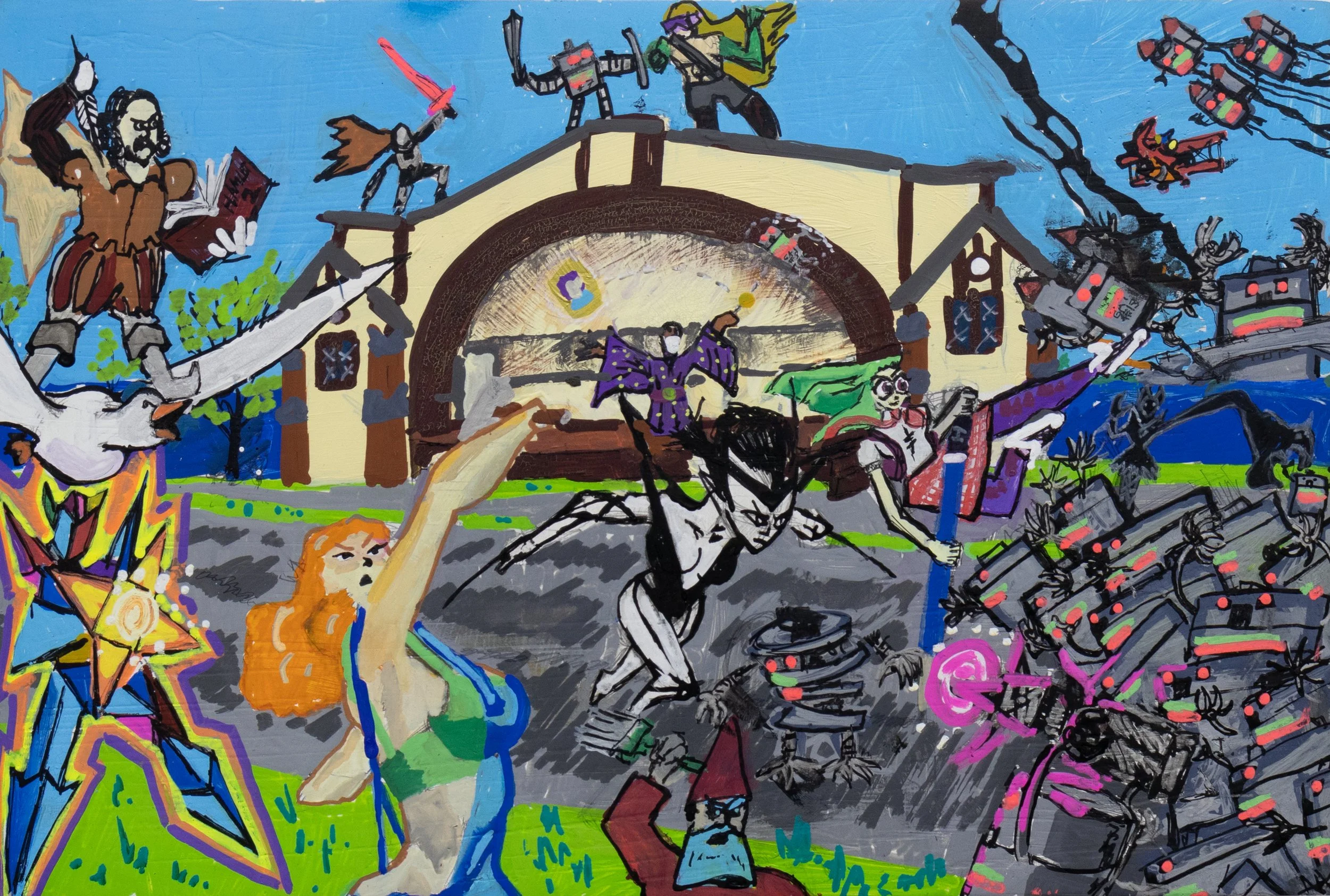  “Massive Art Attack!”  8”x12” mixed media on wood panel  for sale at Matilda Swanson galleries   https://www.matildaswansongallery.com/adam-vanderheide.html  