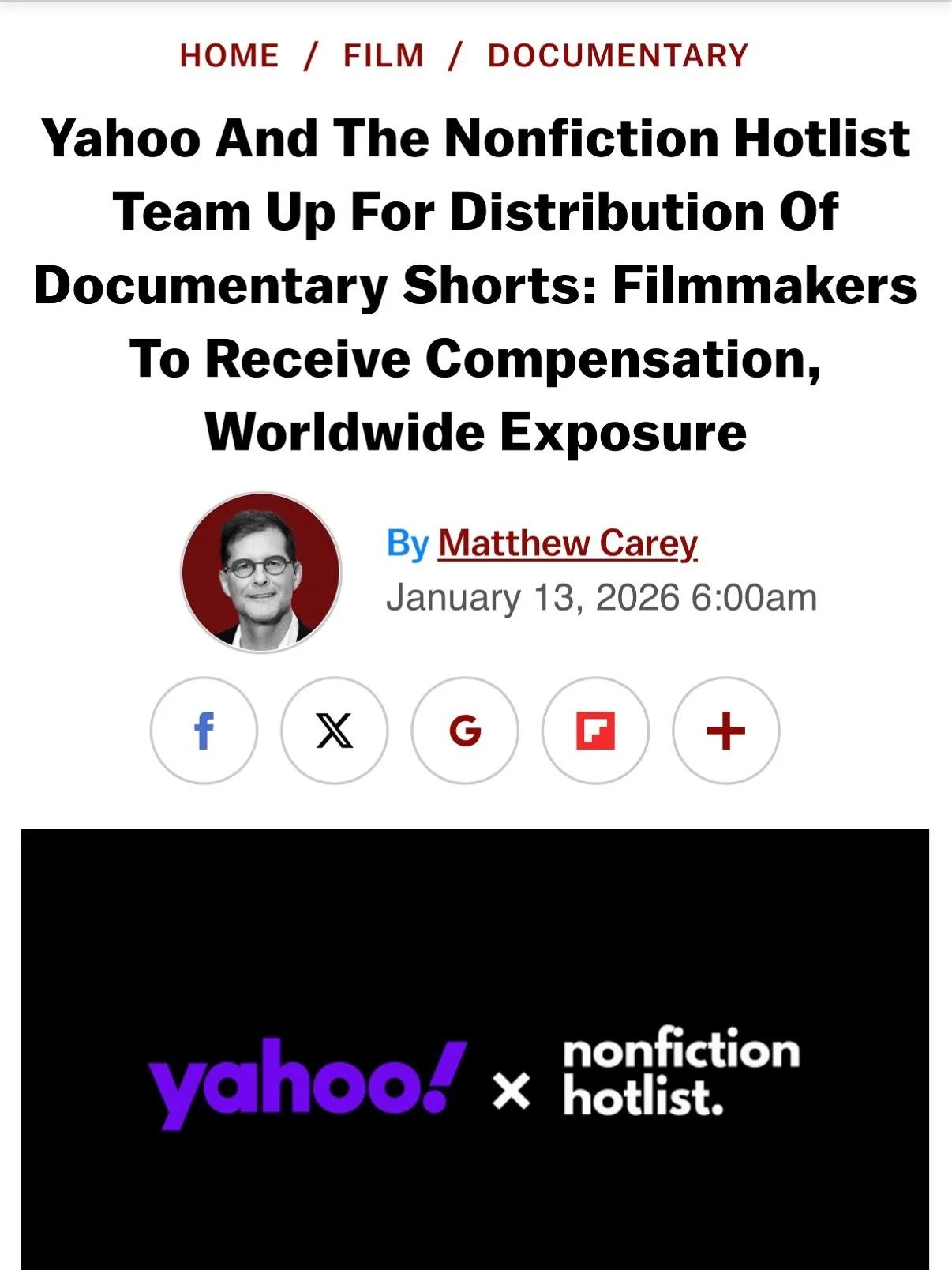 The Nonfiction Hotlist is up to something very cool: Partnering with Yahoo to create new opportunities for documentary storytellers and in particular doc shorts. Check out @nonfictionhotlist for more info and to submit!