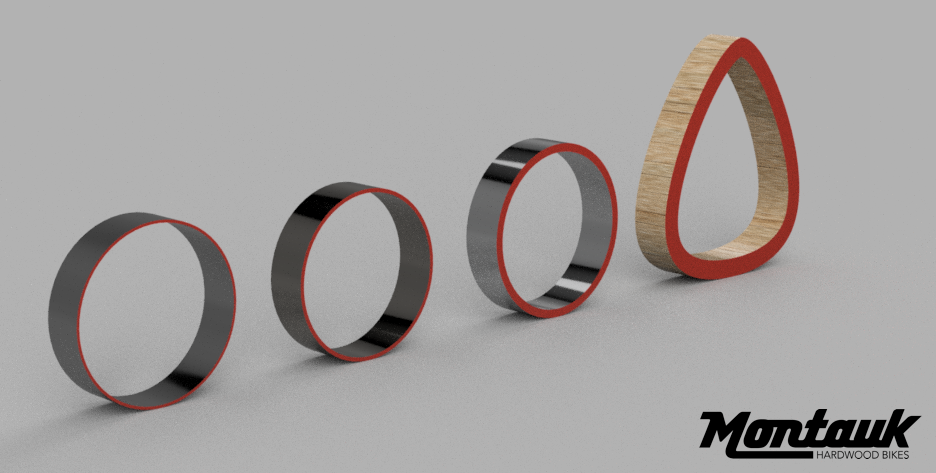 From left to right: Steel ( diameter : 38.1mm, thickness : 0.6mm, area : 70.7mm²). Titanium ( diameter : 38.1mm, thickness : 0.9mm, area : 105.2mm²). Aluminum ( diameter : 42mm, thickness : 1.4mm, area : 178.6mm²). Wood ( diameter : 56mm, thickness : 5mm, area : 852.5mm²)