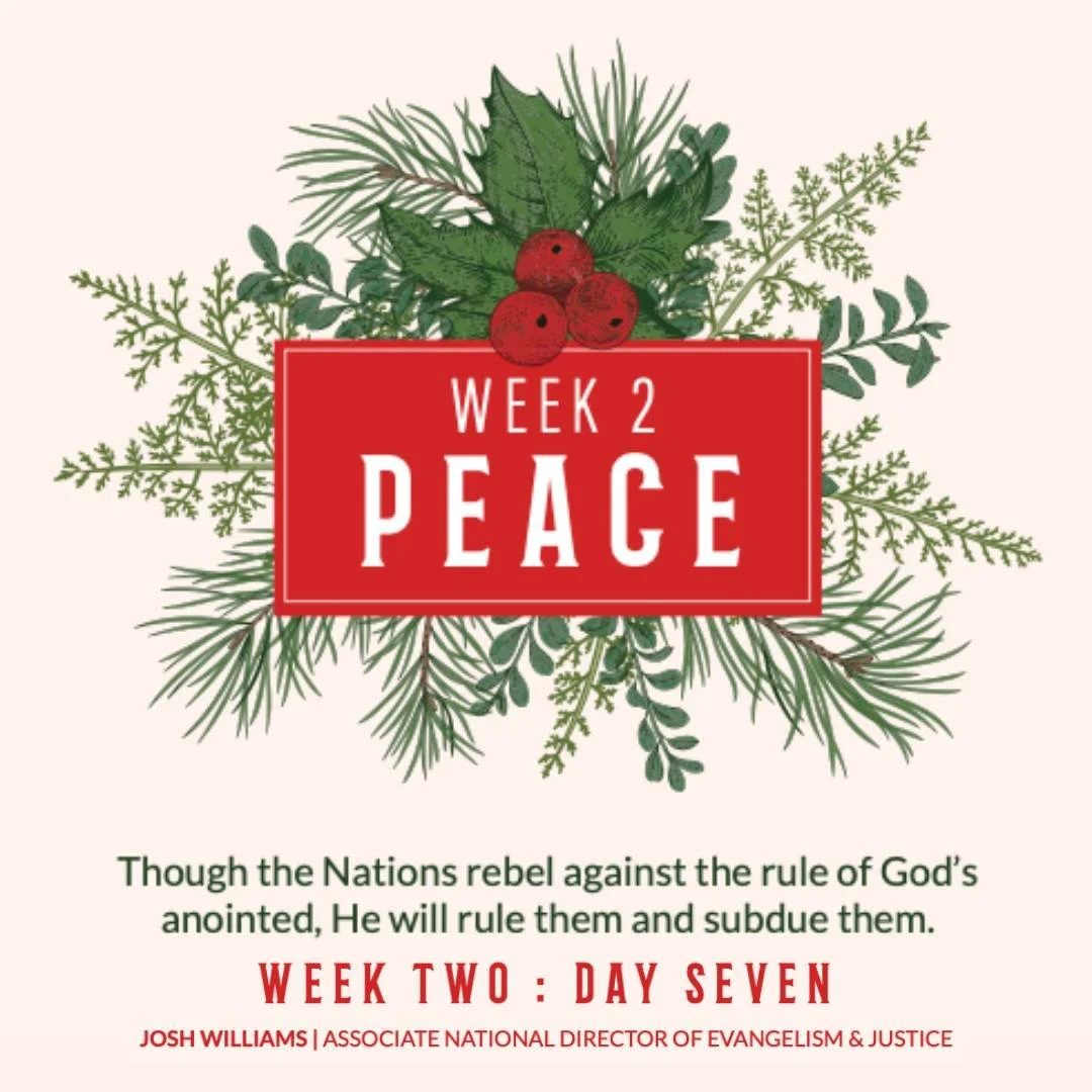Week 2: Peace - Day 7

This Advent devotional is designed to give a daily space for connection with God as we prepare for the holy day of Christmas! The team at Vineyard USA has compiled this daily devotional with imagery, songs, scripture, and devot
