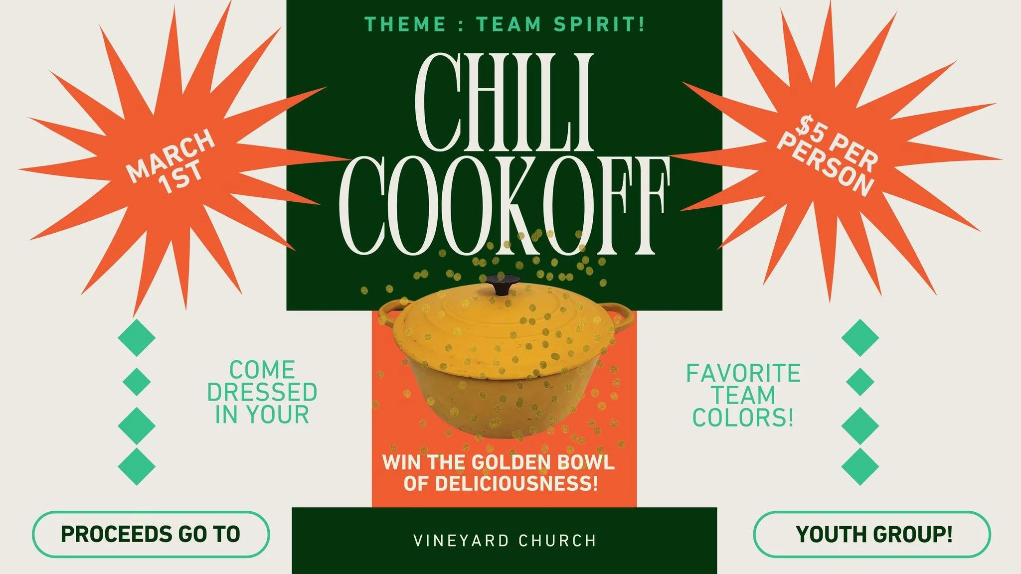 Who makes the best chili at Vineyard Church? Come and find out at our Annual Chili Cook-Off on Sunday, March 1, 2026, right after service! This year&rsquo;s theme: TEAM SPIRIT! Come dressed in your favorite team jersey or team colors and show your pr