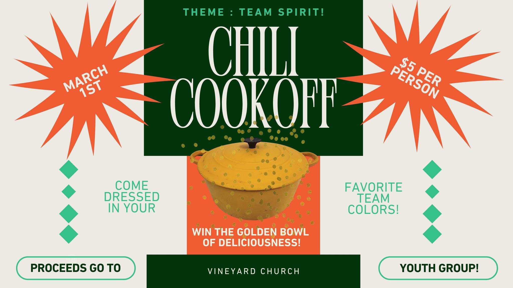 Who makes the best chili at Vineyard Church?
Come and find out at our Annual Chili Cook-Off on Sunday, March 1, 2026, right after the service! Think your chili has what it takes? Register for a chance to win the coveted Golden Bowl of Deliciousness. 