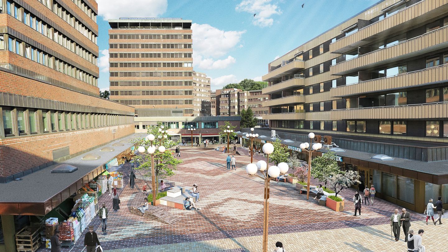 Slik vil det se ut, når Bymiljøetaten er ferdig med oppgraderingen av Tøyen Torg i slutten av mai. Ill: Grindaker Landskapsarkitekter