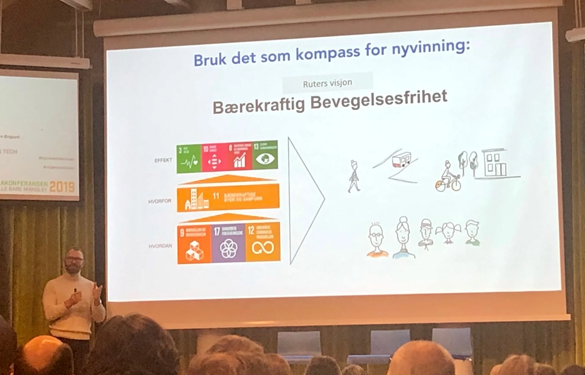 Til slutt kom Sindre Østgård på talerstolen, og var relativt klar og tydelig. For å si det mildt. Han sa at mange går seg litt for mye vill i teknologijungelen, og glemmer det fundamentale. Han var sterkt kritisk til alt fokuset på “smart”, som jeg også mener ikke er så smart. Og han viste også til hvordan og hvorfor det er viktig å operasjonalisere på bærekraft. Som for eksempel hvordan Ruter gjør det.