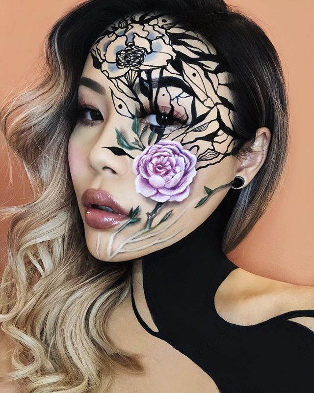 This is freehand #makeup &bull; The Devouring &mdash; &ldquo;I never wanted a quiet, sensible sort of love. I wanted to be devoured.&rdquo; 🌹 - @beautaplin ⁣⁣
⁣⁣
A #floral doodle therapy session using @maccosmeticscanada @maccosmetics Acrylics, @kry