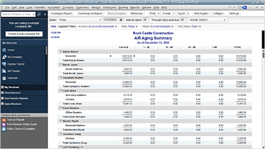QuickBooks Accountant reports screen