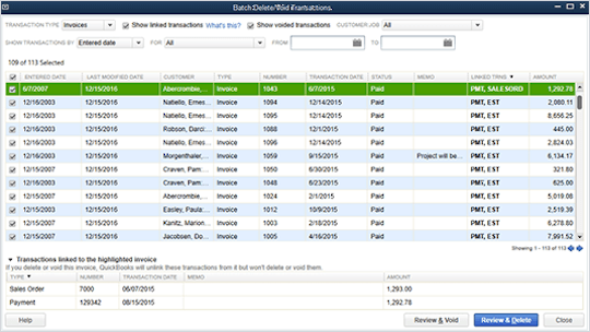 QuickBooks Accountant bulk delete and void screen