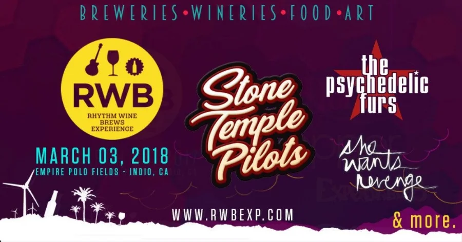 Saturday, March 3rd, 2018 The annual Rhythm, Wine & Brews Experience is presented by Empire Music Ventures, transforming the famous Empire Polo Fields into an artistic oasis. 2018 line up features grunge headliner Stone Temple Pilots as well as The Psychedelic Furs, She Wants Revenge and many more. Guest artist Emily Colvin will be creating an environment that attendees will be able to completely submerge themselves into. The installation is a feature that Emily and Alex Haagen have collaborated on specifically for the 7th annual RW&B event, bringing you the full experience. Passes on sale at rwbexp.com The Rhythm, Wines & Brews Experience offers its audience the complete festival experience with great live bands, amazing art installations, exceptional craft beer and wine tasting, live cirque performers and on-site camping. A big part of the action is the beer and wine tasting offered by more than 100 craft breweries and wineries and the guest artists. http://coachellavalleyweekly.com/stone-temple-pilots-headline-7th-annual-rhythm-wine-brews-experience/