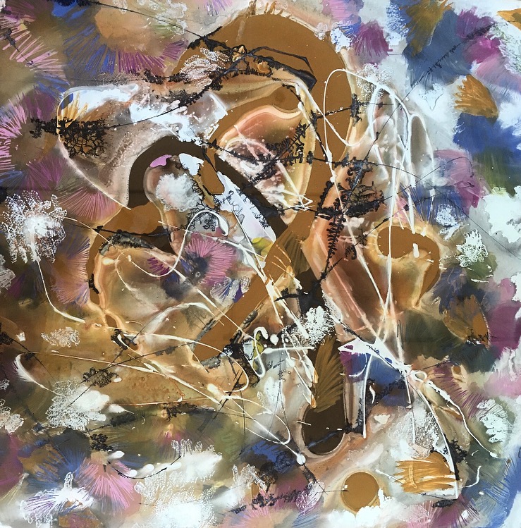 "Close to me" 2019 Tempered Glass table top, acrylic, watercolor, epoxy 42in x 42in 2019 $6,500.00 USD + Postage