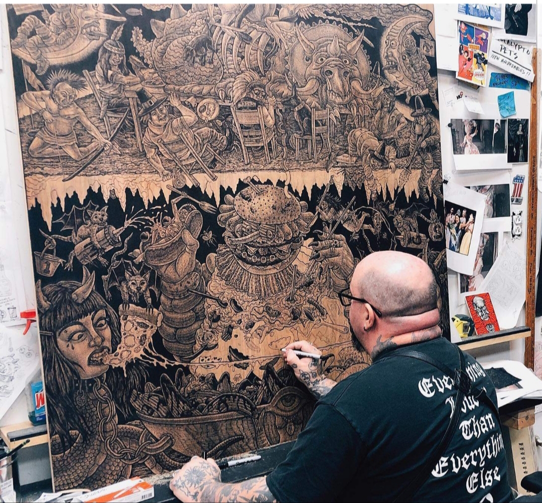 A Monkey Mountain Chronicle (back panel) nearly finished days later. Huck will carve this block in Scotland in the coming weeks. (pic by Shannon Cousino)