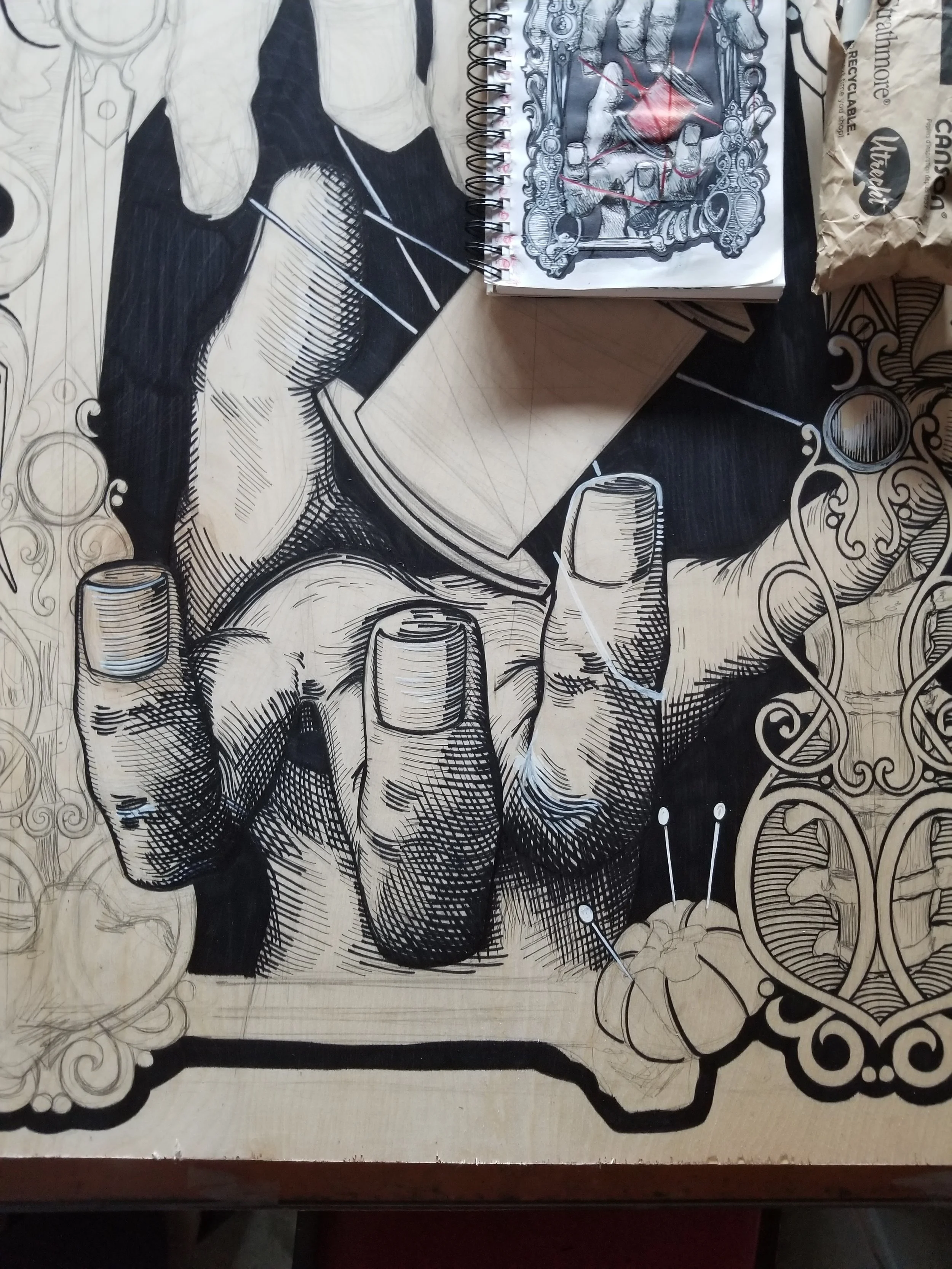 Some exquisite cross-hatching drawn on the board.