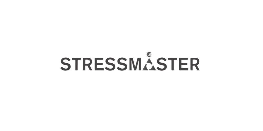 Logo with the words "STRESS MASTER" in black, with a stylized pyramid shape replacing the "A" in "MASTER".