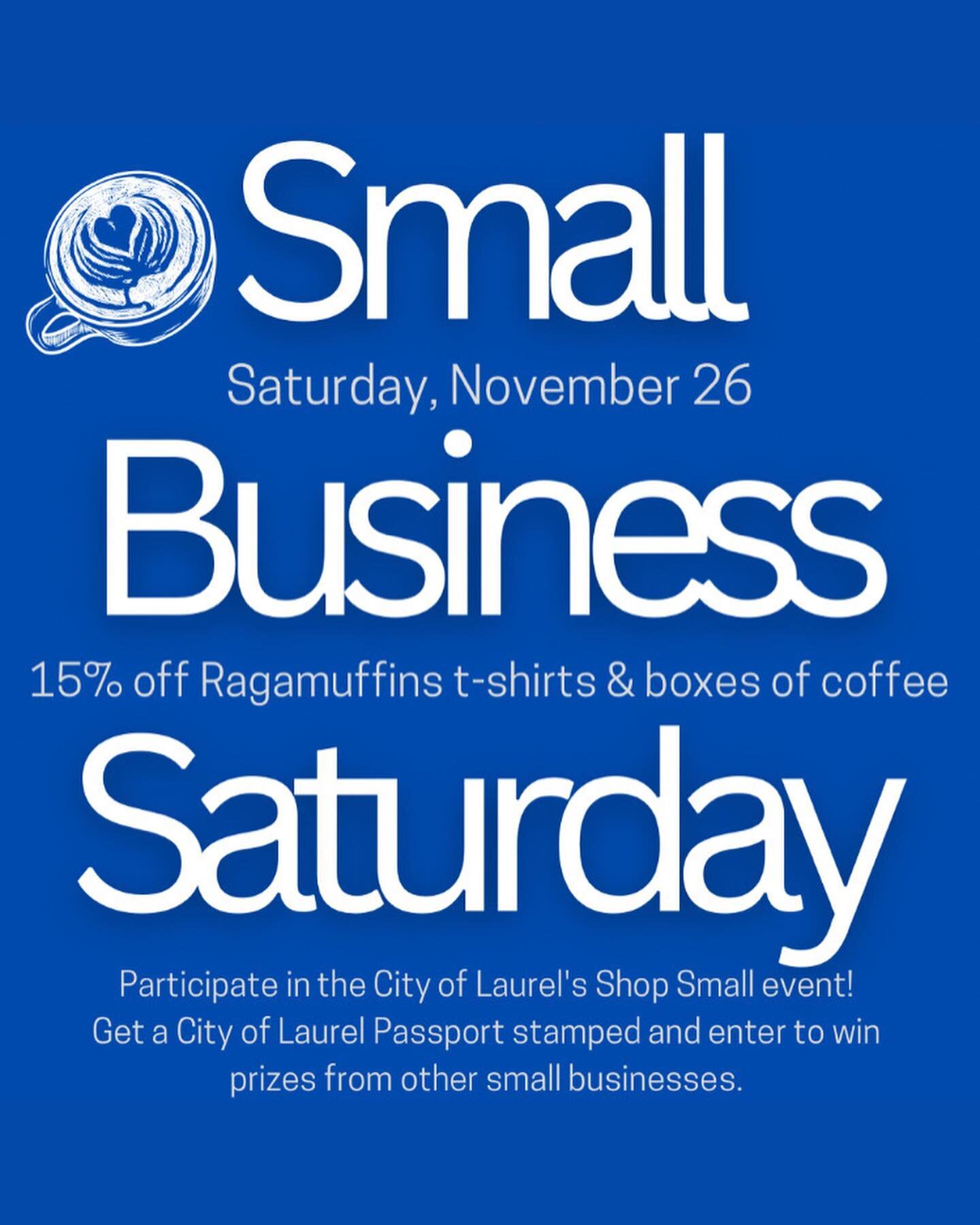 Happy Small Business Saturday! Grab a t-shirt or box of coffee for 15% off, and get your @cityoflaurelmd passport stamped for a chance to win prizes from other small businesses. We can&rsquo;t wait to see you!