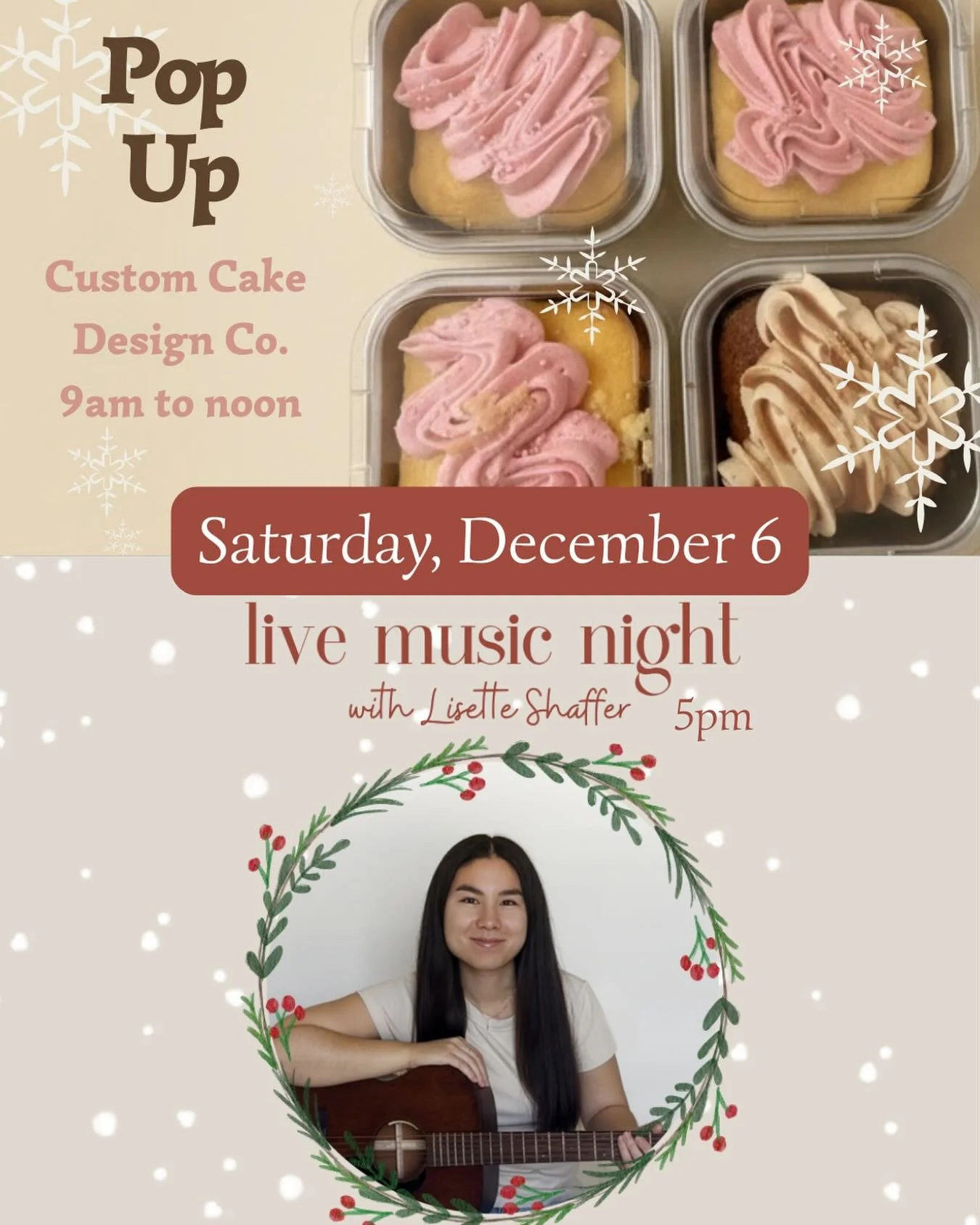 We have a Pop Up with @customcakedesign from 9am to noon, and Live Music with @lisetteashaffer from 5pm to 5:45pm! And coffee all day!